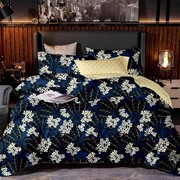 Комплект постельного белья Евро на резинке из сатина “Karina AB“ Синий с узором из темно-синих кустов с белыми фотография