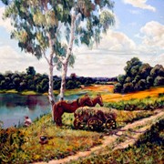 Сельский пейзаж маслом на холсте, живописная картина. фото