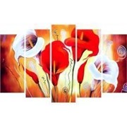 Пятипанельная модульная картина 80 х 140 см Красно-белые красивые цветы на ярко-оранжевом фоне фотография
