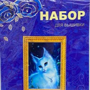 Набор для вышивания крестиком пушистый кот на синем фоне фото