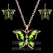Позолоченный ювелирный набор украшений из эмали Бабочки зеленый фото