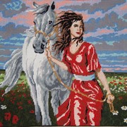 Картина Девушка с конем на цветущем поле фото