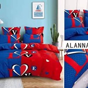 Комплект постельного белья Евро из сатина “Alanna“ Синий и красный с большими надписями Love и сердечками фото