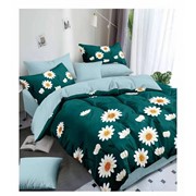 Полутораспальный комплект постельного белья на резинке из сатина “Karina“ Зеленый с рисованными ромашками и фото