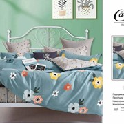 Комплект постельного белья Евро из сатина 150гр “Candie's“ Серо-голубой с разноцветными рисованными цветами и фото