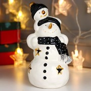 Сувенир керамика свет 'Снеговик с малышом, чёрные колпаки и шарфы' 19х10х10 см фото
