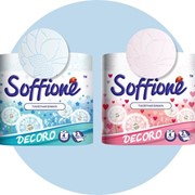 Бумага туалетная Soffione Decoro, по 4 рулона в упаквоке., на гильзе 2-х сл., белый/голубой