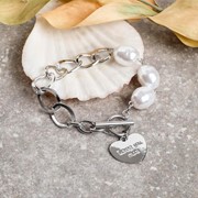 Браслет жемчуг 'Цепь' сердечко, тогл, цвет белый в серебре,L17см фото