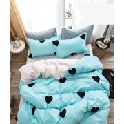 Полутораспальный комплект постельного белья из сатина “Lorida“ Бирюзовый с черными сердечками и белый фотография