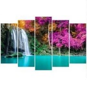 Пятипанельная модульная картина 80 х 140 см Водопад с бирюзовой водой и фиолетовыми деревьями на склонах фото
