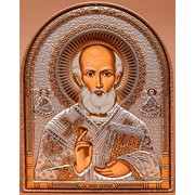 Икона Николая Чудотворца (славянский стиль) Серебряная с позолотой на пластиковой основе 40 х 56 мм фото
