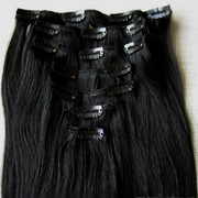 Волосы на заколках (трессы) натуральные 51 см 70 грамм, цвет “Черный“ фото