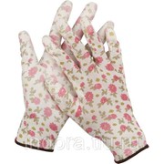 Перчатки GRINDA садовые, прозрачное PU покрытие, 13 класс вязки, бело-розовые, размер S фотография