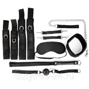Черный текстильный набор БДСМ: наручники, оковы, ошейник с поводком, кляп, маска, плеть фото