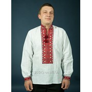 Белая украинская вышиванка с орнаментом красного цвета из льна или домотканого полотна для мужчин (chsv-03-01) фотография