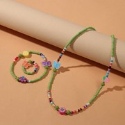 Набор 3 предмета колье, браслет, кольцо 'Бисер' фрукты и бабочки, цвет зелёный фото