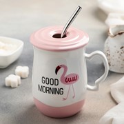 Кружка «Розовое утро», 500 мл, с крышкой и трубочкой, рисунок МИКС фото