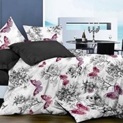 Семейный комплект постельного белья из сатина “Dolce Vita“ Белый с узорами из черных растений и пурпурными фотография