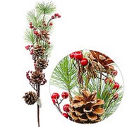 Украшение KWELT Ветка новогодняя 68 см, с ягодами и шишкой арт.К-07128 фото