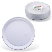 Одноразовые тарелки плоские, КОМПЛЕКТ 100 шт., пластик, d=220 мм, "БЮДЖЕТ", белые, ПС, холодное/горячее,