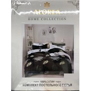 Двуспальный комплект постельного белья из сатина “Alorea“ Черный и бело-желтые пальмовые веточки с надписями и фото