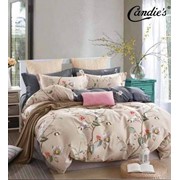 Полутораспальный комплект постельного белья на резинке из сатина “Candie's“ Бежевый с узором из веток с фотография