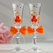 Набор свадебных бокалов “Восторг“, с лепниной, бисером и бантами, оранжевый фотография