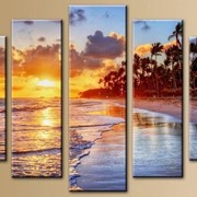 Пятипанельная модульная картина 80 х 140 см Закат и берег с пляжем и пальмами фото