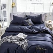 Комплект постельного белья Евро из сатина и жатки “Mency“ Темно-синий с надписями фото