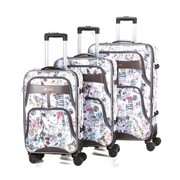 Набор из трёх дорожных чемоданов на колесах белый с разными достопримечательностями фотография