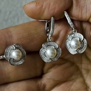 Набор кольцо и серьги родированные с жемчугом фото