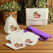 Набор для бани и сауны 5 в 1(сумка,шапка,варежка,коврик,мочалка),с принтом “Банщик“,белый фотография
