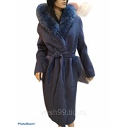 Пальто женское с мехом чернобурки синее