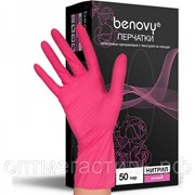 Перчатки нитриловые тестурированные на пальцах, BENOVY, L, цв.ФУКСИЯ 50 пар