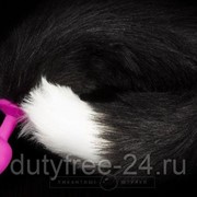 Розовая силиконовая анальная пробка с черным хвостиком фотография