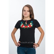 Женская футболка с вышивкой “Цветочный веночек“, черная 58 фото