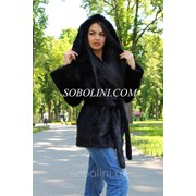 Шуба из меха ондатры с капюшоном под пояс, длина 80 см фото