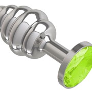 Серебристая спиралевидная анальная пробка с салатовым кристаллом - 7 см. Джага-Джага 515-12 lime-dd фото