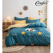 Комплект постельного белья Евро на резинке из поплина “Candie's“ Темно-бирюзовый с желто-черными звездочками и фотография