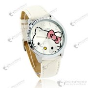 Модные кварцевые часы для детей и подростков Китти (Hello Kitty) с белым кожаным ремешком