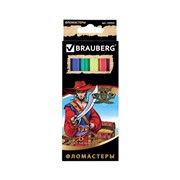 Фломастеры BRAUBERG Корсары, 6 цветов, вентилируемый колпачок, картонная упаковка с золотистым тиснением, фотография
