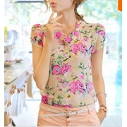 Одежда женская 2014 new female leisure beautiful printed chiffon shirt with short sleeves shirt slim lady 3 M/L/XL/XXL color free shipping, код 1823069663 фото