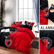 Семейный комплект постельного белья из поплина “Alanna“ Черный с красным с сердечками из узоров и лебедями фотография