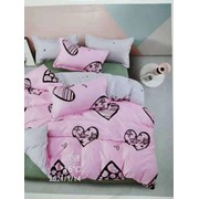 Семейный комплект постельного белья из сатина “Alorea A+B“ Розовый с черными сердечками со звездочками и белый фотография