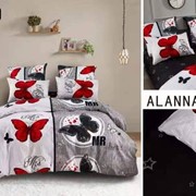 Комплект постельного белья Евро из сатина “Alanna“ Белый с красными бабочками и надписями Mrs и серый с фото
