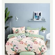 Комплект постельного белья Евро из плотного сатина “Alorea“ Светло-розовый с зелено-бело-розовыми большими фото