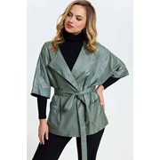 Легкая куртка из плащевки удлиненная с поясом и воротником серо-зеленая больших размеров T 169 р. 48-58 фото