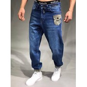 Мужские джинсы джоггеры синие с серым накладным карманом