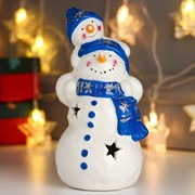 Сувенир керамика свет 'Снеговик с малышом, синие колпаки и шарфы' 19х10х10 см фото