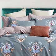 Комплект постельного белья Евро из сатина “Candie's“ Темно-серо-голубой с цветными узорами и серо-лиловый фото